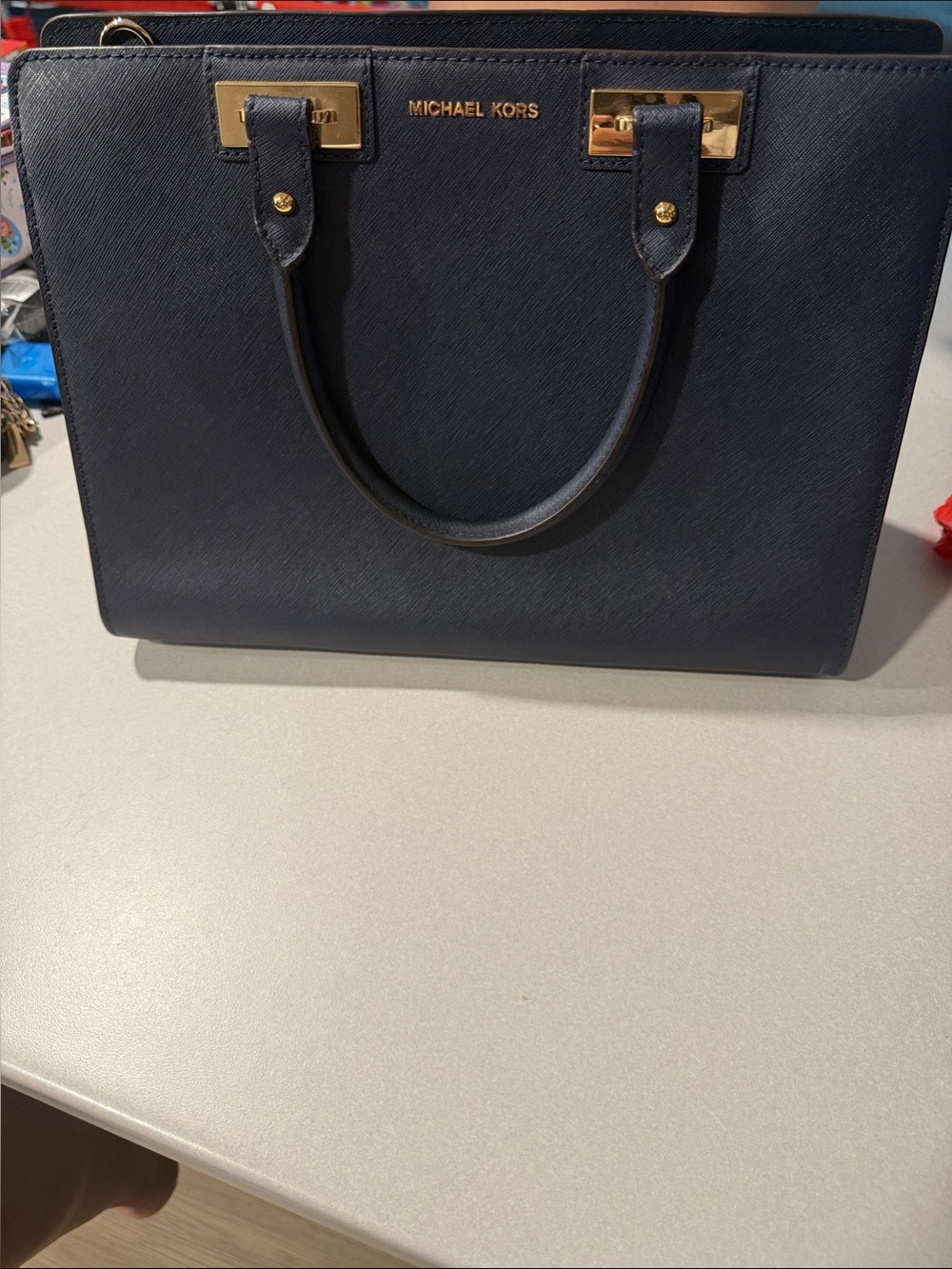 Michael Kors Navy Saffiano Satchel with Gold Hardware